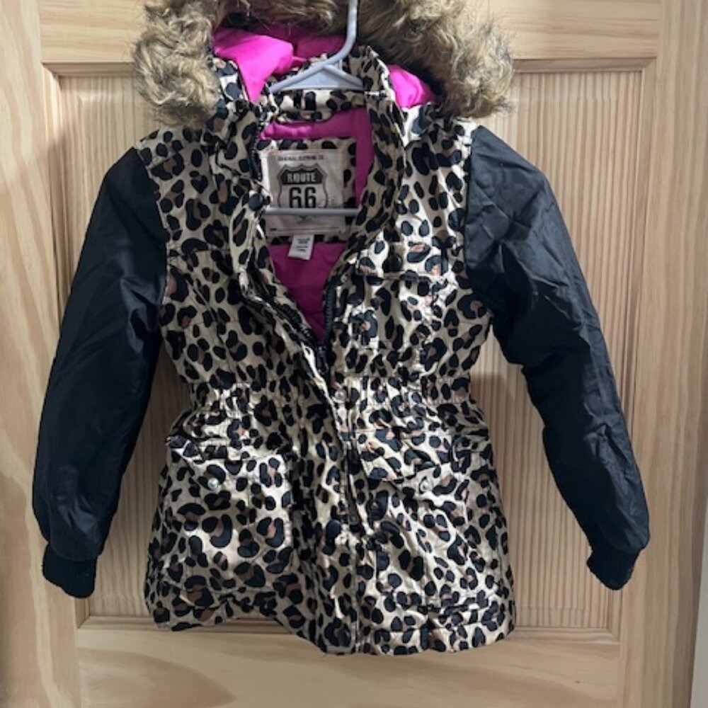 Route 66 Parka Jacket Kids Size 6/6X Leopard Print Faux Fur Hood Black Tan